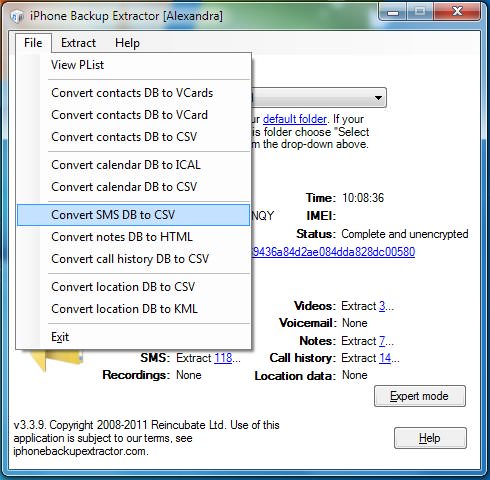 Convert SMS DB to CSV with iPhone Backup Extractor
